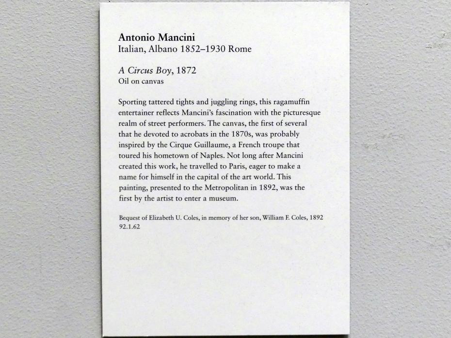Antonio Mancini (1872–1909), Zirkusjunge, New York, Metropolitan Museum of Art (Met), Saal 827, 1872, Bild 2/2
