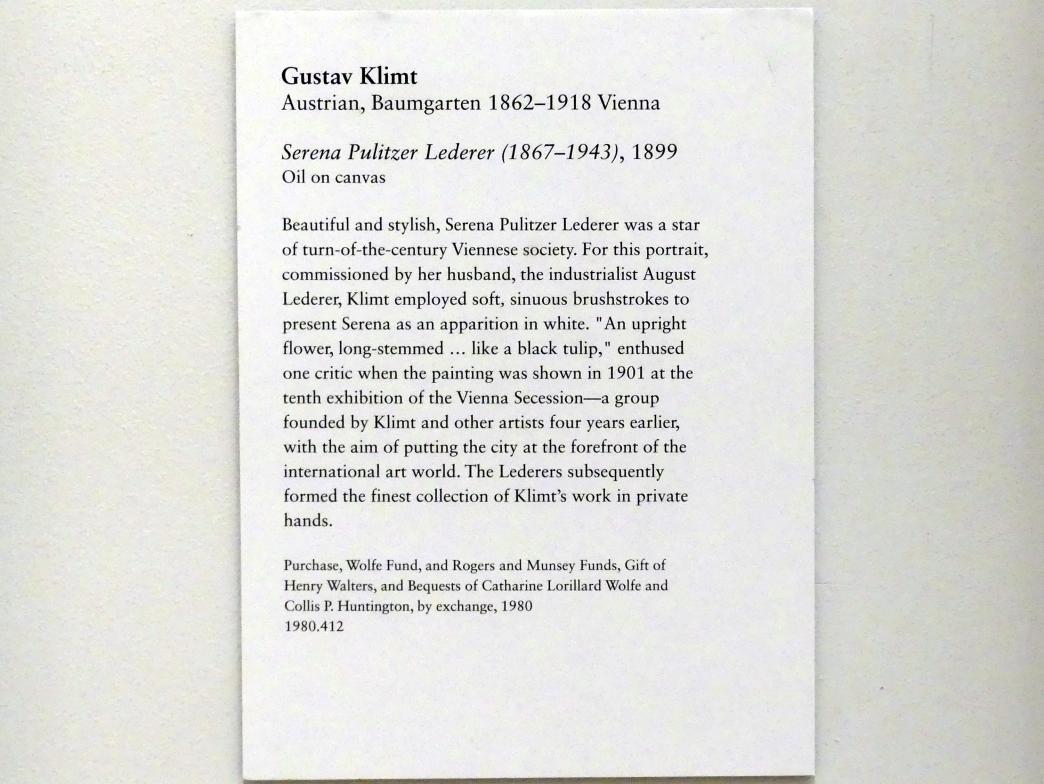 Gustav Klimt (1891–1917), Serena Lederer, geb. Pulitzer (1867-1943), New York, Metropolitan Museum of Art (Met), Saal 829, 1899, Bild 2/2