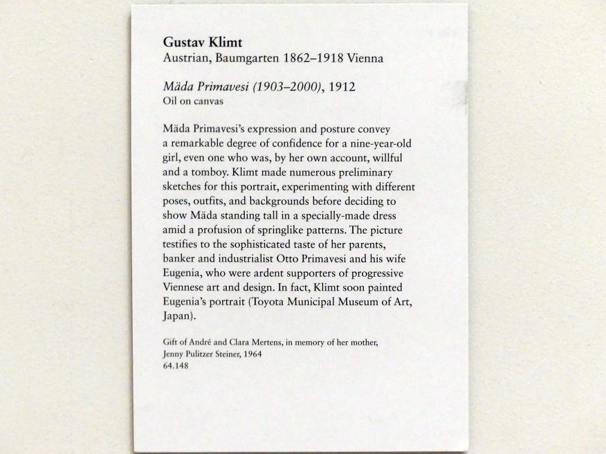 Gustav Klimt (1891–1917), Mäda Primavesi (1903-2000), New York, Metropolitan Museum of Art (Met), Saal 829, 1912, Bild 2/2