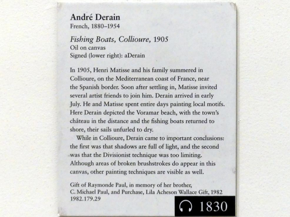André Derain (1904–1944), Fischerboote, Collioure, New York, Metropolitan Museum of Art (Met), Saal 830, 1905, Bild 2/2