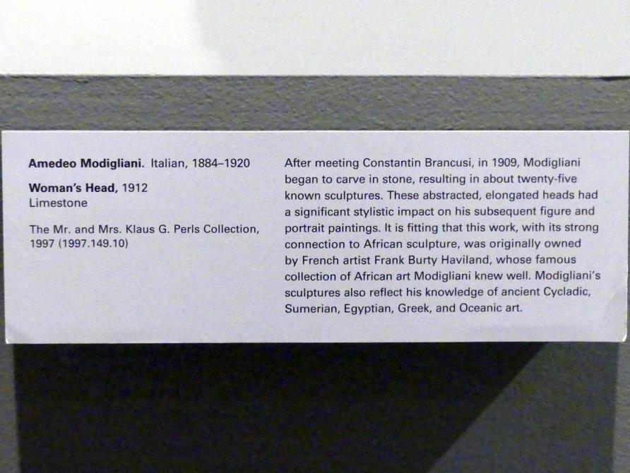 Amedeo Modigliani (1911–1918), Frauenkopf, New York, Metropolitan Museum of Art (Met), Saal 911, 1912, Bild 5/5