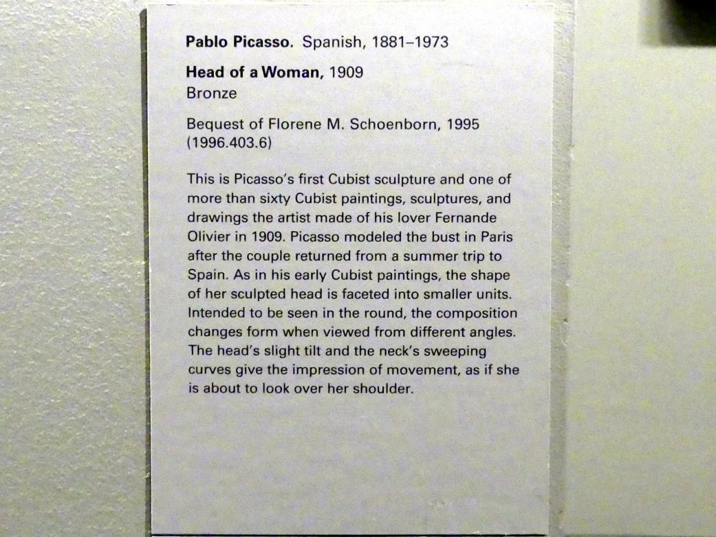 Pablo Picasso (1897–1972), Frauenkopf, New York, Metropolitan Museum of Art (Met), Saal 908, 1909, Bild 6/6