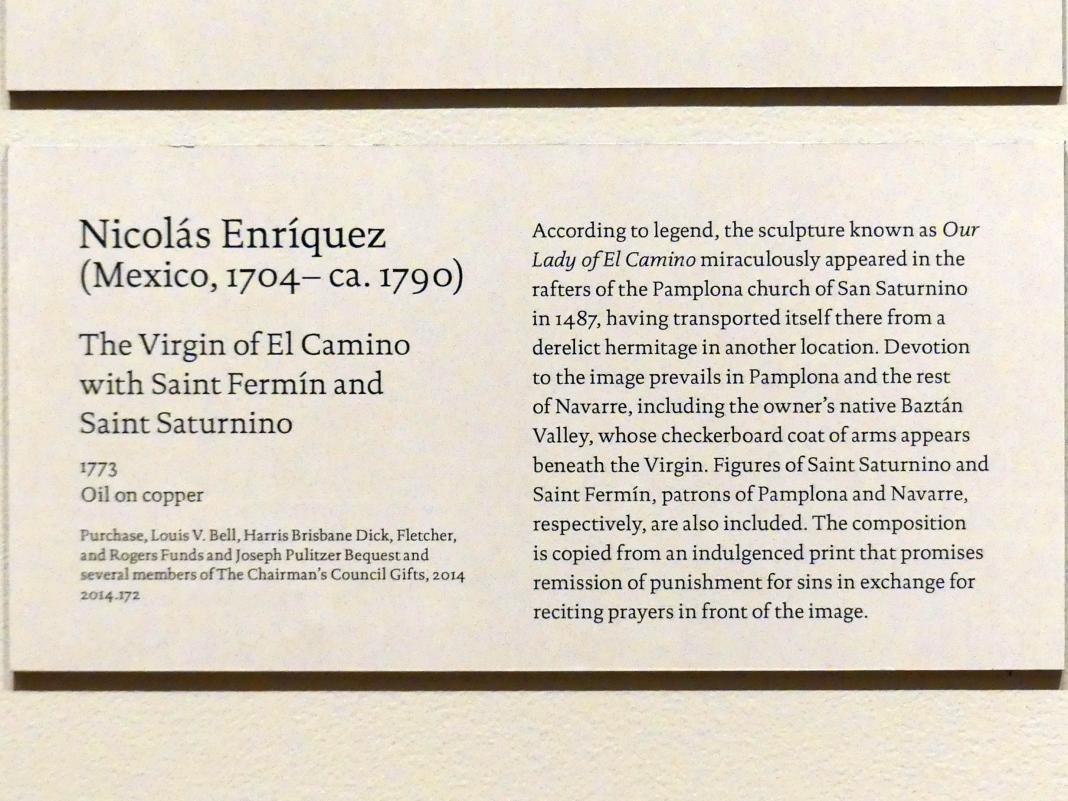 Nicolás Enríquez (1773), Unsere Liebe Frau von El Camino mit den hll. Firminus und Saturninus, New York, Metropolitan Museum of Art (Met), Saal 749, 1773, Bild 2/2