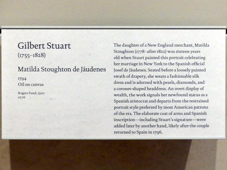 Gilbert Stuart (1794–1802), Matilda Stoughton de Jaudenes, New York, Metropolitan Museum of Art (Met), Saal 755, 1794, Bild 2/2