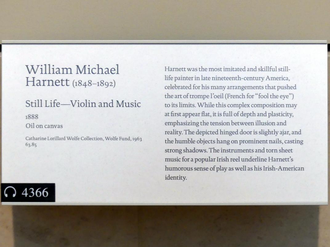 William Michael Harnett (1879–1888), Stillleben - Violine und Musik, New York, Metropolitan Museum of Art (Met), Saal 763, 1888, Bild 2/2