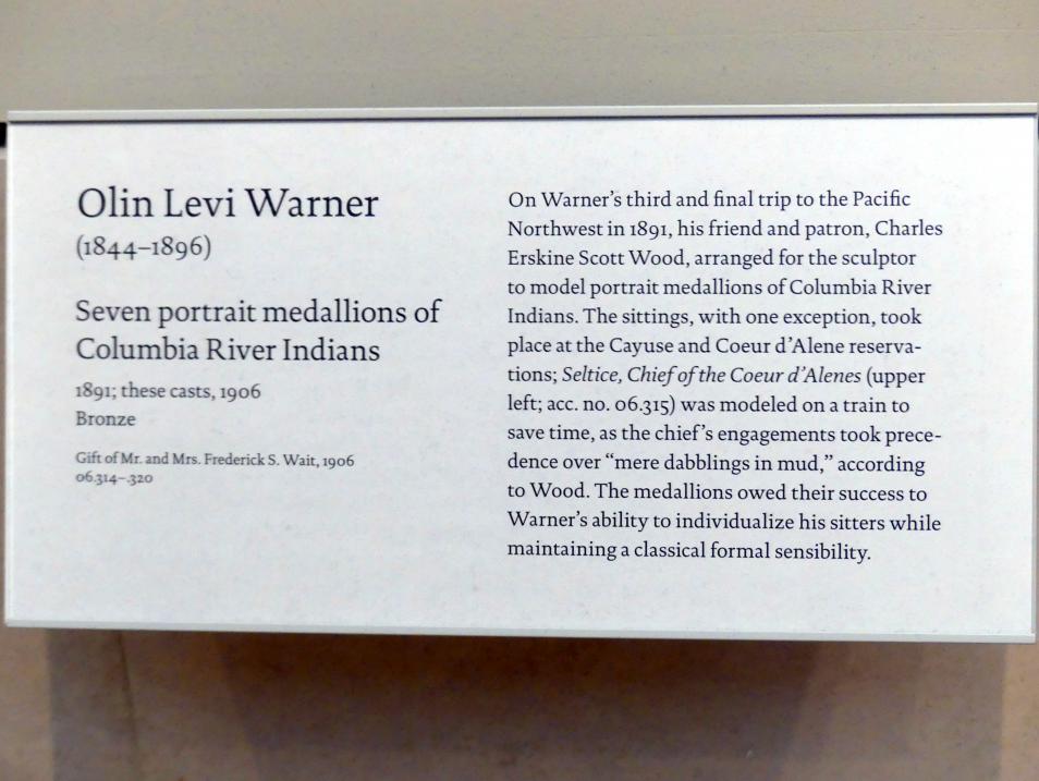 Olin Levi Warner (1880–1891), Sieben Porträtmedaillons der Columbia River Indianer, New York, Metropolitan Museum of Art (Met), Saal 765, 1891, Bild 2/2