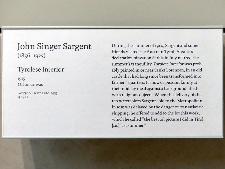 John Singer Sargent (1875–1920), Tiroler Interieur, New York, Metropolitan Museum of Art (Met), Saal 770, 1915, Bild 2/2