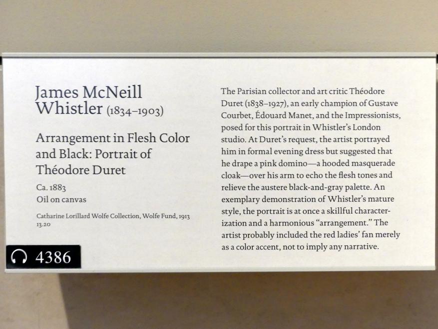 James McNeill Whistler (1883–1897), Arrangement in Fleischfarben und Schwarz: Portrait von Theodore Duret, New York, Metropolitan Museum of Art (Met), Saal 771, um 1883, Bild 2/2