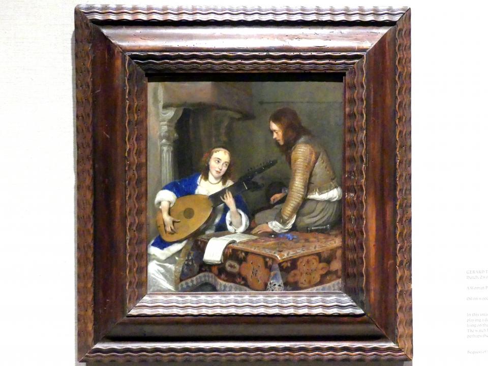 Gerard ter Borch (1635–1675), Eine Frau, die Theorbe-Laute spielt, und ein Kavalier, New York, Metropolitan Museum of Art (Met), Saal 964, um 1658, Bild 1/2