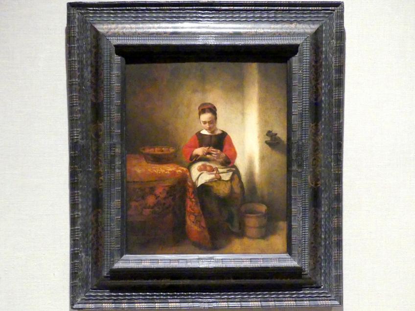 Nicolaes Maes (1652–1687), Junge Frau beim Apfelschälen, New York, Metropolitan Museum of Art (Met), Saal 964, um 1655, Bild 1/2