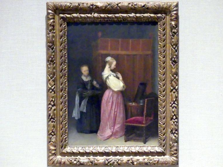 Gerard ter Borch (1635–1675), Eine junge Frau an ihrer Toilette mit einer Magd, New York, Metropolitan Museum of Art (Met), Saal 964, um 1650–1651, Bild 1/2