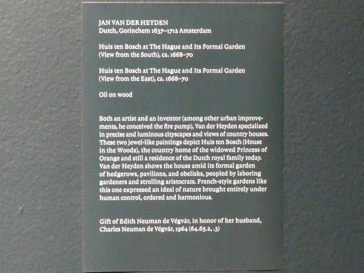 Jan van der Heyden (1652–1712), Das Huis ten Bosch in Den Haag und sein formeller Garten (Blick von Süden), New York, Metropolitan Museum of Art (Met), Saal 965, um 1668–1670, Bild 2/2