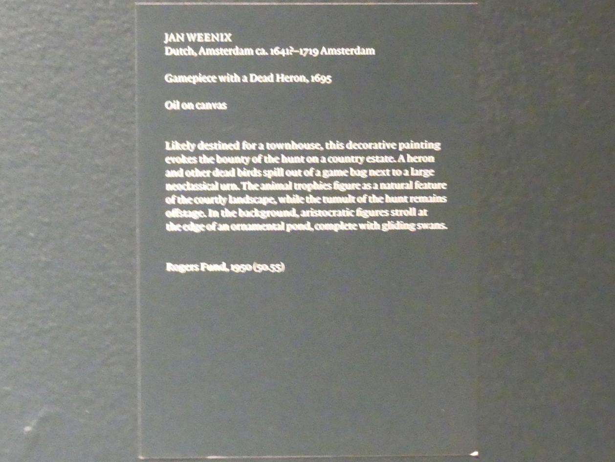 Jan Weenix (1661–1713), Wild-Stillleben mit einem toten Reiher, New York, Metropolitan Museum of Art (Met), Saal 965, 1695, Bild 2/2