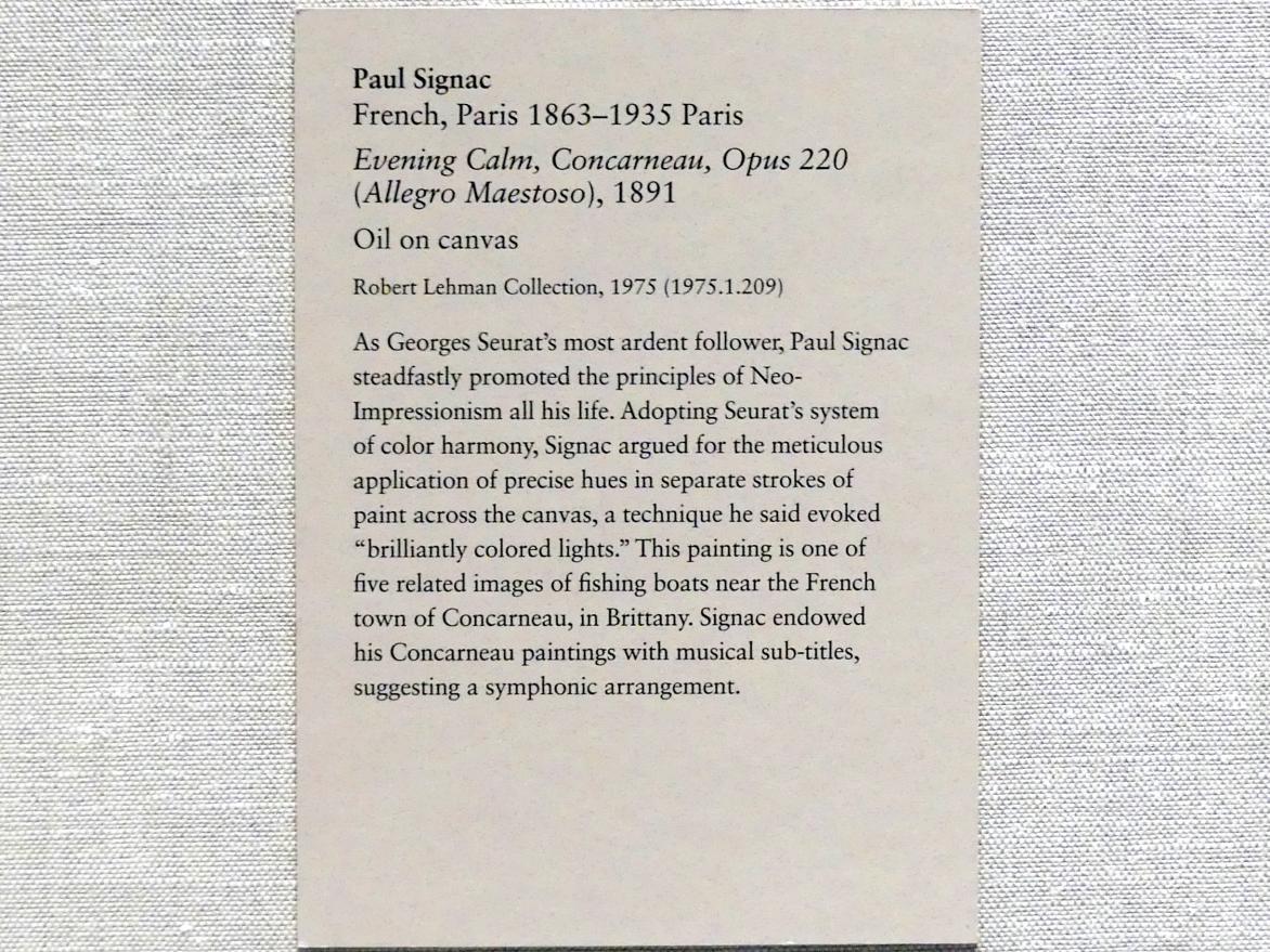 Paul Signac (1883–1933), Abendstille, Concarneau, Opus 220 (Allegro Maestoso), New York, Metropolitan Museum of Art (Met), Saal 962, 1891, Bild 2/2