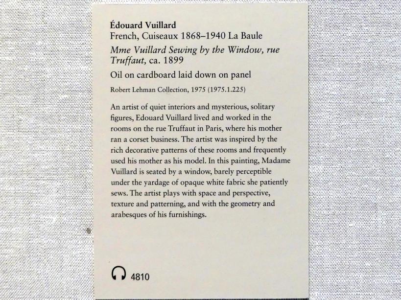 Édouard Vuillard (1889–1939), Frau Vuillard beim Nähen am Fenster, Rue Truffaut, New York, Metropolitan Museum of Art (Met), Saal 962, um 1899, Bild 2/2