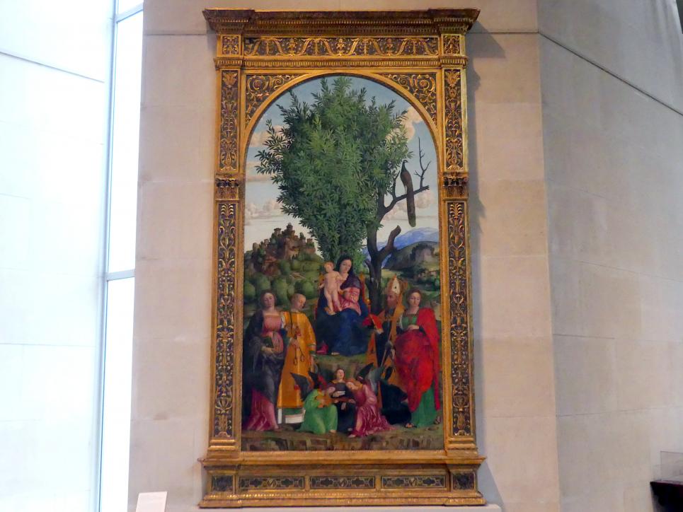 Girolamo dai Libri (1510–1530), Maria mit Kind und den hll. Katharina von Alexandrien, Leonhard, Augustinus und Apollonia, New York, Metropolitan Museum of Art (Met), Saal 961, um 1520, Bild 1/2