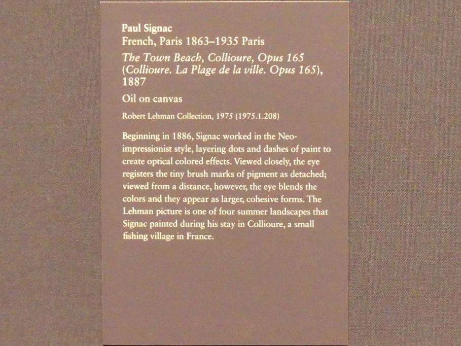 Paul Signac (1883–1933), Der Stadtstrand, Collioure, Opus 165 (Collioure. La Plage de la Ville. Opus 165), New York, Metropolitan Museum of Art (Met), Saal 955, 1887, Bild 2/2