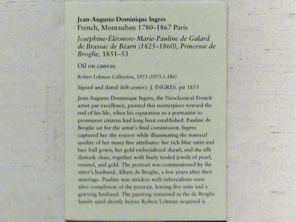 Jean-Auguste-Dominique Ingres (1805–1856), Éléonore‑Marie‑Pauline de Galard de Brassac de Béarn (1825–1860), Princesse de Broglie, New York, Metropolitan Museum of Art (Met), Saal 957, 1851–1853, Bild 2/2