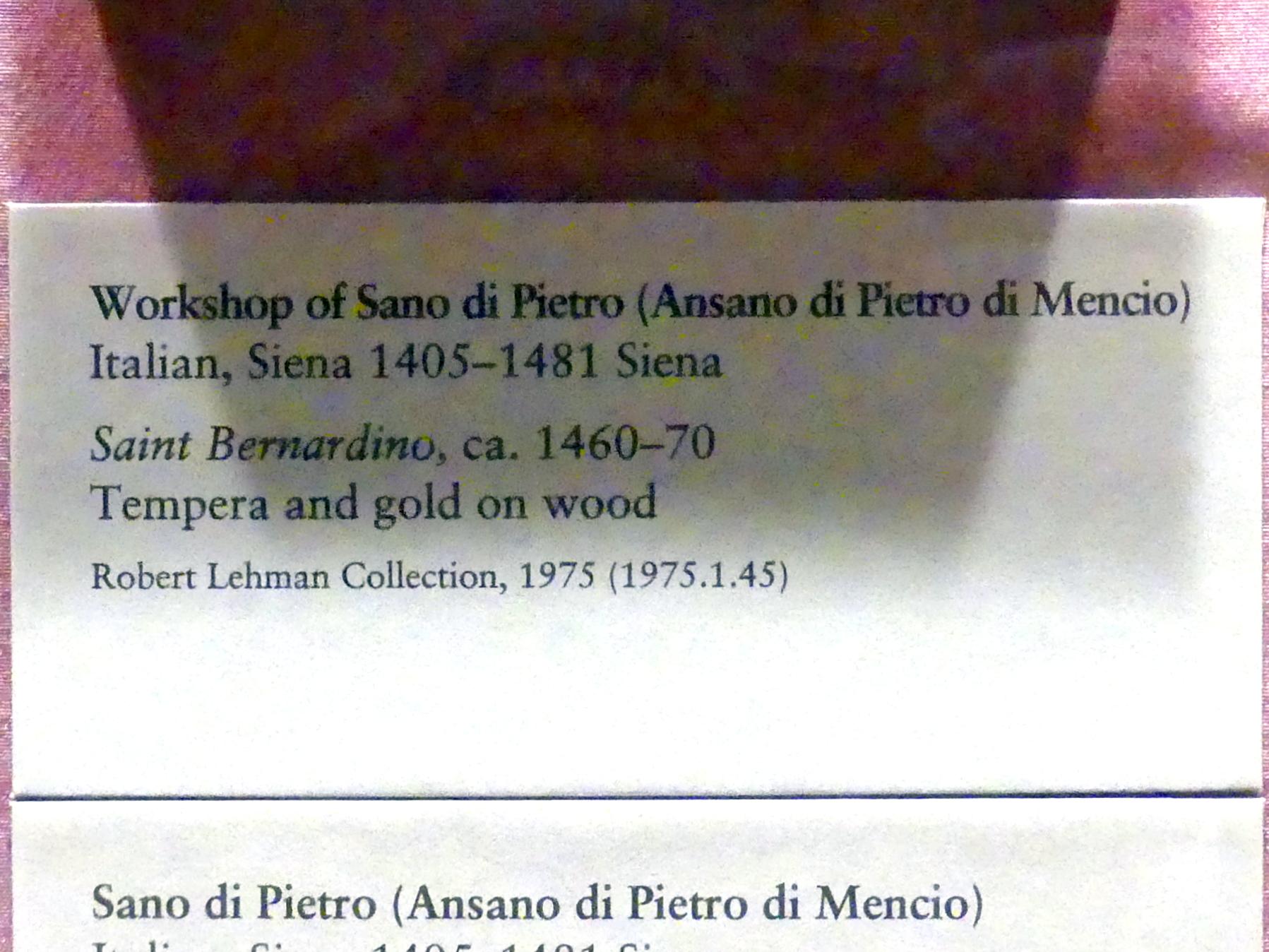 Sano di Pietro (Werkstatt) (1454–1465), Heiliger Bernhardin von Siena, New York, Metropolitan Museum of Art (Met), Saal 956, um 1460–1470, Bild 2/2