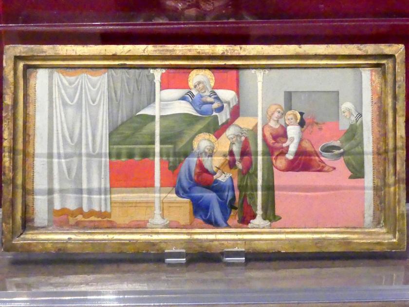 Sano di Pietro (1437–1481), Die Geburt und Namensgebung des Heiligen Johannes des Täufers, New York, Metropolitan Museum of Art (Met), Saal 956, um 1450–1453