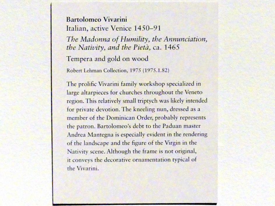 Bartolomeo Vivarini (1452–1465), Madonna der Demut, Verkündigung, Geburt und Pietà, New York, Metropolitan Museum of Art (Met), Saal 954, um 1465, Bild 2/2