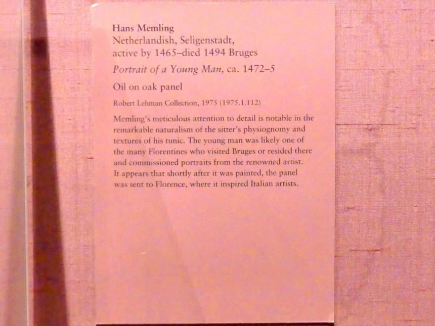 Hans Memling (1467–1491), Porträt eines jungen Mannes, New York, Metropolitan Museum of Art (Met), Saal 953, um 1472–1475, Bild 2/2