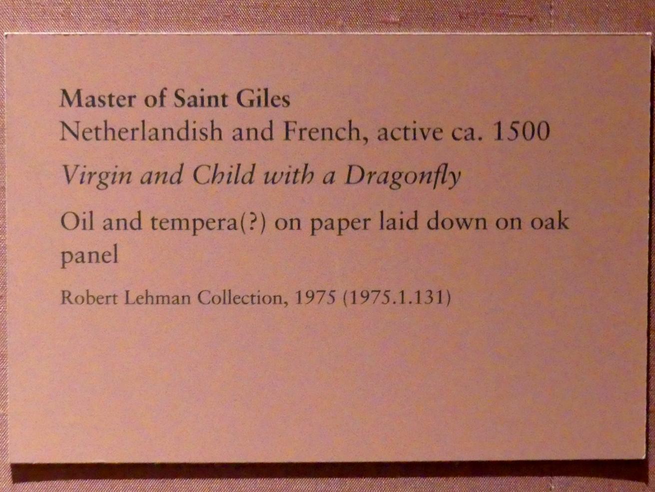 Meister des Saint Gilles (Meister des heiligen Ägidius) (1500), Maria mit Kind und einer Libelle, New York, Metropolitan Museum of Art (Met), Saal 953, um 1500, Bild 2/2
