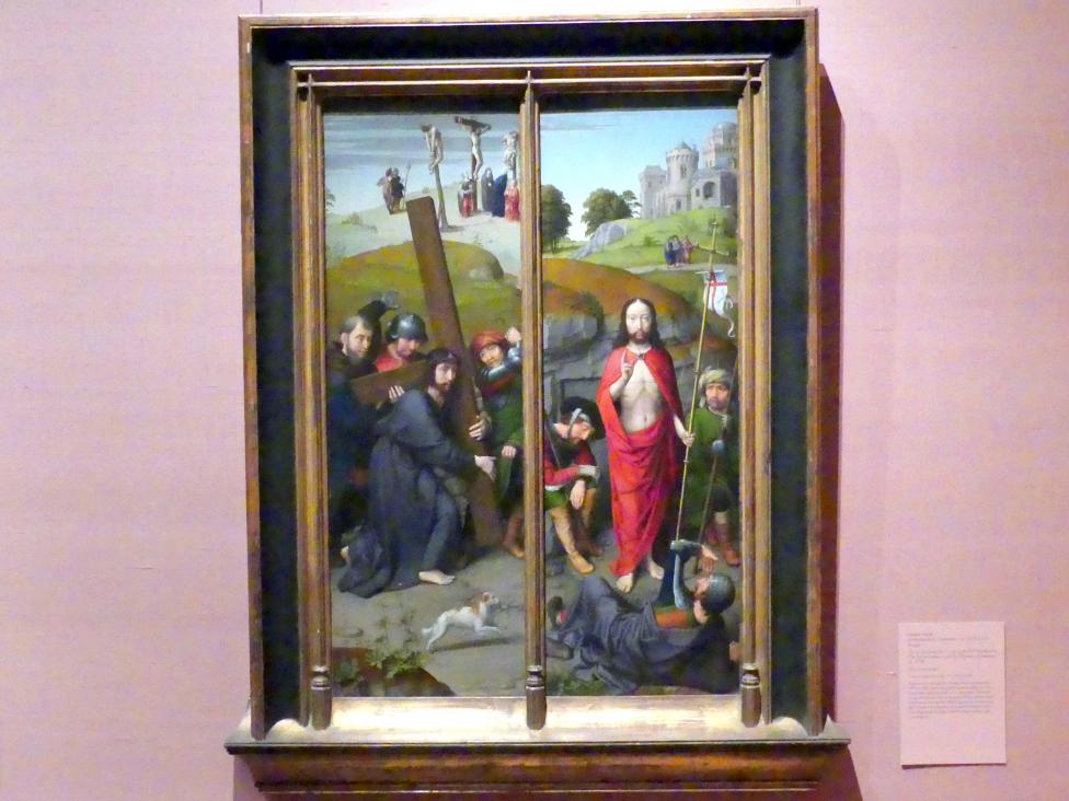 Gerard David (1475–1519), Christus trägt das Kreuz mit der Kreuzigung; Die Auferstehung mit den Pilgern von Emmaus, New York, Metropolitan Museum of Art (Met), Saal 953, um 1510, Bild 1/2