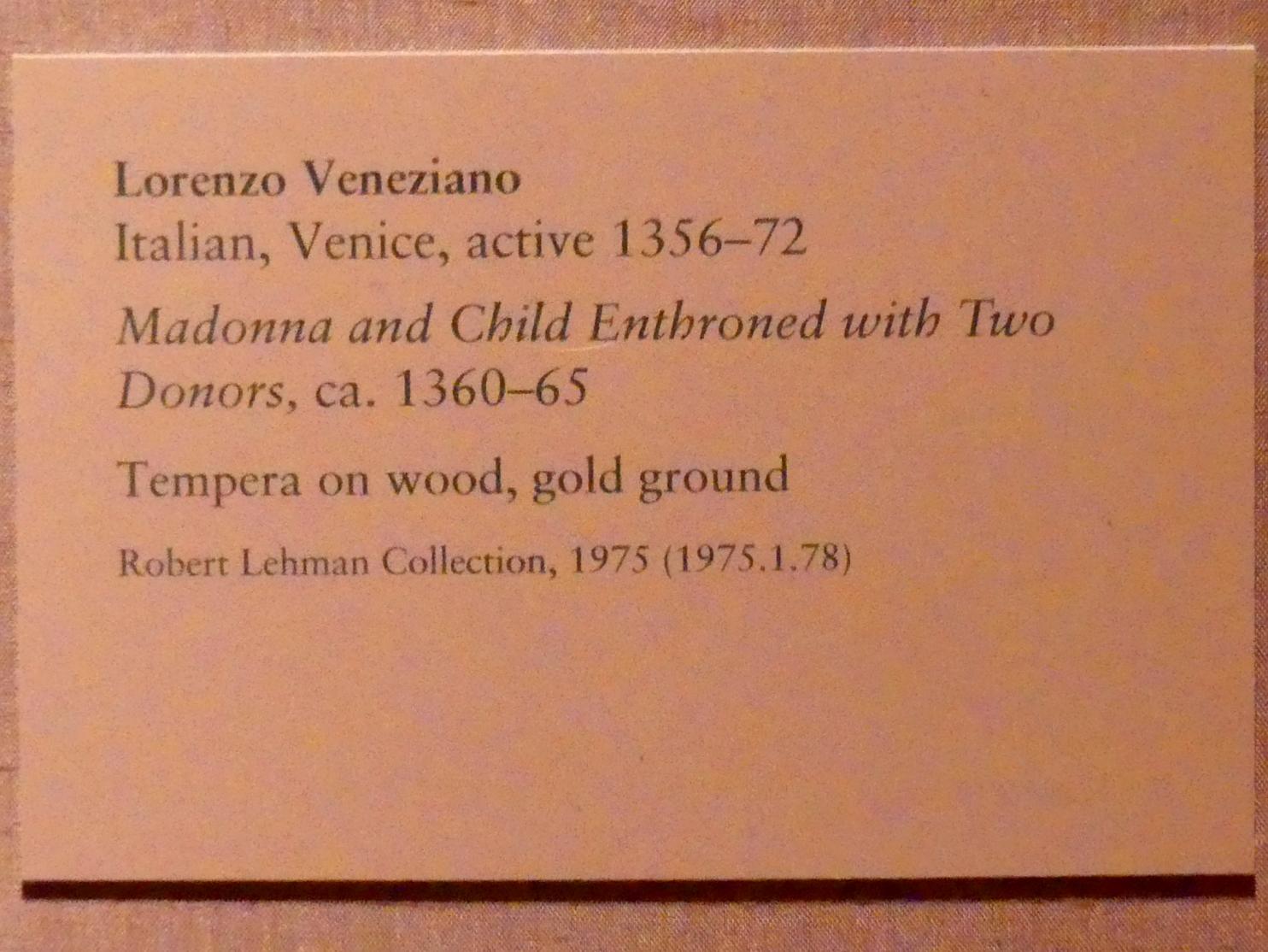 Lorenzo Veneziano (1362–1372), Thronende Maria mit Kind und zwei Stiftern, New York, Metropolitan Museum of Art (Met), Saal 952, um 1360–1365, Bild 2/2
