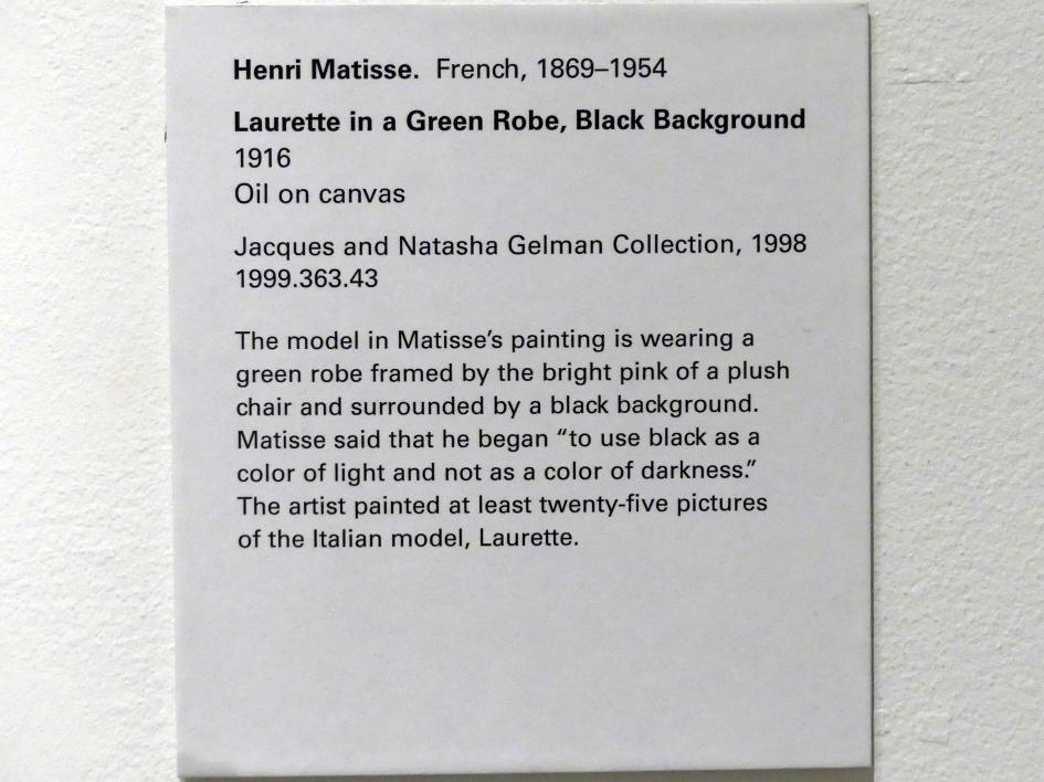 Henri Matisse (1898–1953), Laurette in einer grünen Robe, schwarzer Hintergrund, New York, Metropolitan Museum of Art (Met), Saal 904, 1916, Bild 2/2