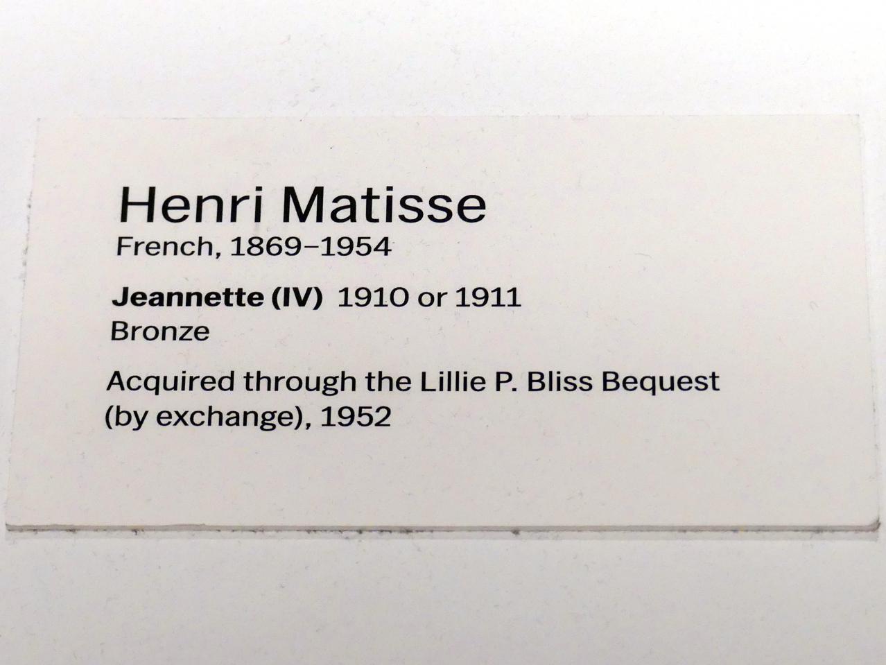 Henri Matisse (1898–1953), Jeannette (IV), New York, Museum of Modern Art (MoMA), Saal 506, um 1910–1911, Bild 4/4