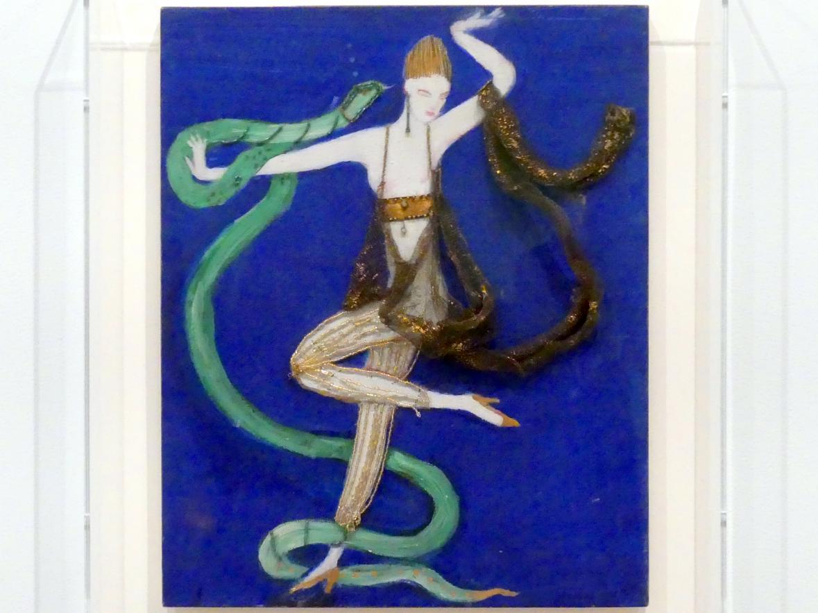 Florine Stettheimer (1912–1942), Kostümdesign (Euridice und die Schlange, zwei Tangotänzer und der heilige Franziskus) für das Künstlerballett Orphée der Quat-z-arts, New York, Museum of Modern Art (MoMA), Saal 509, um 1912