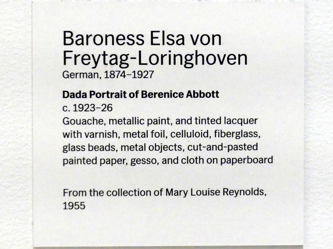 Elsa von Freytag-Loringhoven (1924), Dada-Porträt von Berenice Abbott, New York, Museum of Modern Art (MoMA), Saal 509, um 1923–1926, Bild 3/3