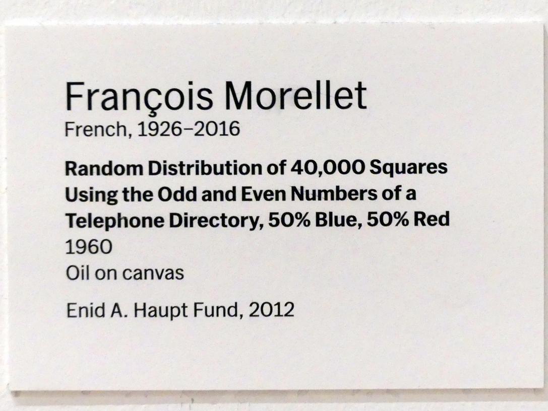 François Morellet (1960–2013), Zufällige Verteilung von 40.000 Quadraten unter Verwendung der ungeraden und geraden Zahlen eines Telefonverzeichnisses, 50% blau, 50% rot, New York, Museum of Modern Art (MoMA), Saal 406, 1960, Bild 2/2