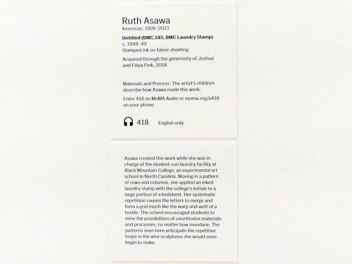 Ruth Asawa (1948), Ohne Titel (BMC.145, BMC Wäschestempel), New York, Museum of Modern Art (MoMA), Saal 408, um 1948–1949, Bild 2/2