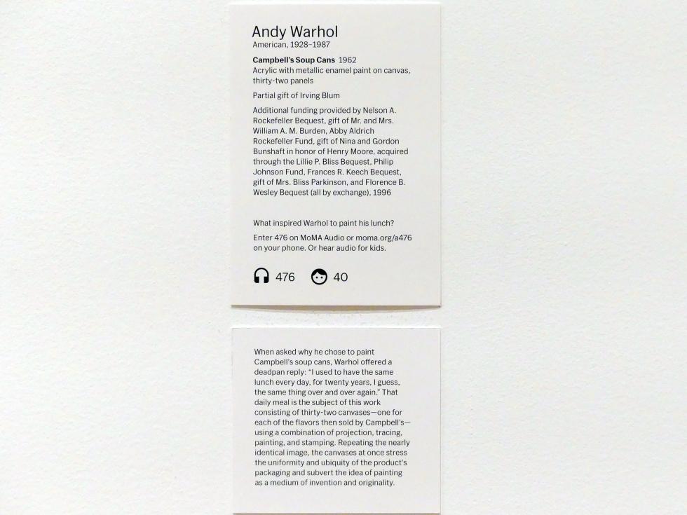 Andy Warhol (1956–1986), Campbells Suppendosen, New York, Museum of Modern Art (MoMA), Saal 412, 1962, Bild 2/2