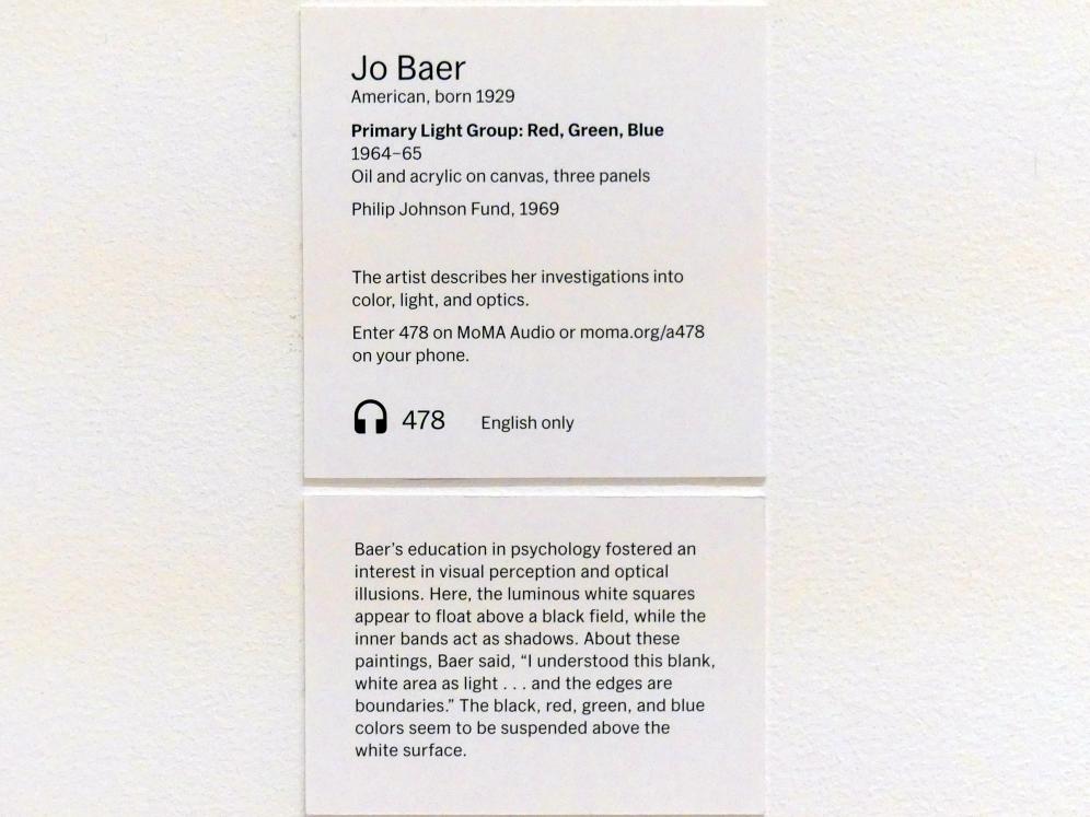 Jo Baer (1964–1970), Primäre Lichtgruppe: Rot, Grün, Blau, New York, Museum of Modern Art (MoMA), Saal 413, 1964–1965, Bild 5/5