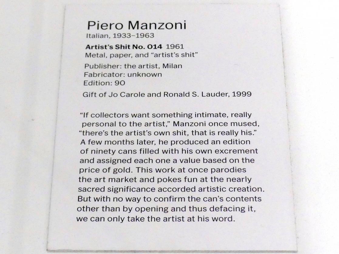 Piero Manzoni (1958–1961), Künstlerdreck Nr. 014, New York, Museum of Modern Art (MoMA), Saal 416, 1961, Bild 4/4