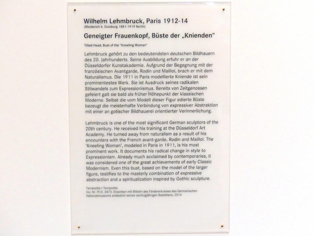Wilhelm Lehmbruck (1909–1918), Geneigter Frauenkopf, Büste der "Knienden", Nürnberg, Germanisches Nationalmuseum, Saal 212, 1912–1914, Bild 5/5