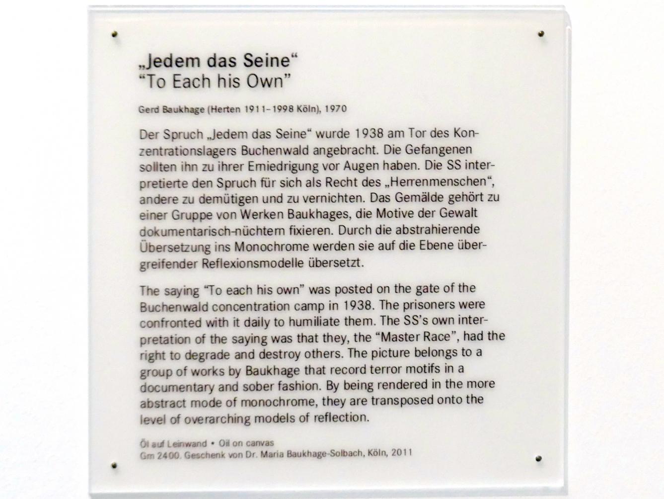 Gerd Baukhage (1970–1976), Jedem das Seine, Nürnberg, Germanisches Nationalmuseum, Saal 223, 1970, Bild 2/2