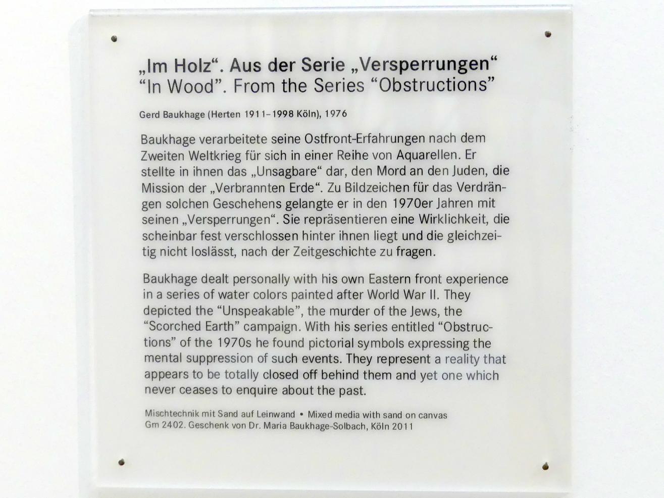 Gerd Baukhage (1970–1976), Im Holz. Aus der Serie "Versperrungen", Nürnberg, Germanisches Nationalmuseum, Saal 223, 1976, Bild 2/2