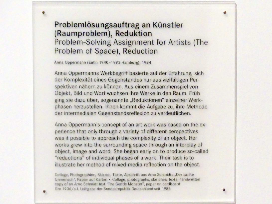 Anna Oppermann (1984), Problemlösungsauftrag an Künstler (Raumproblem), Reduktion, Nürnberg, Germanisches Nationalmuseum, Saal 225, 1984, Bild 4/4