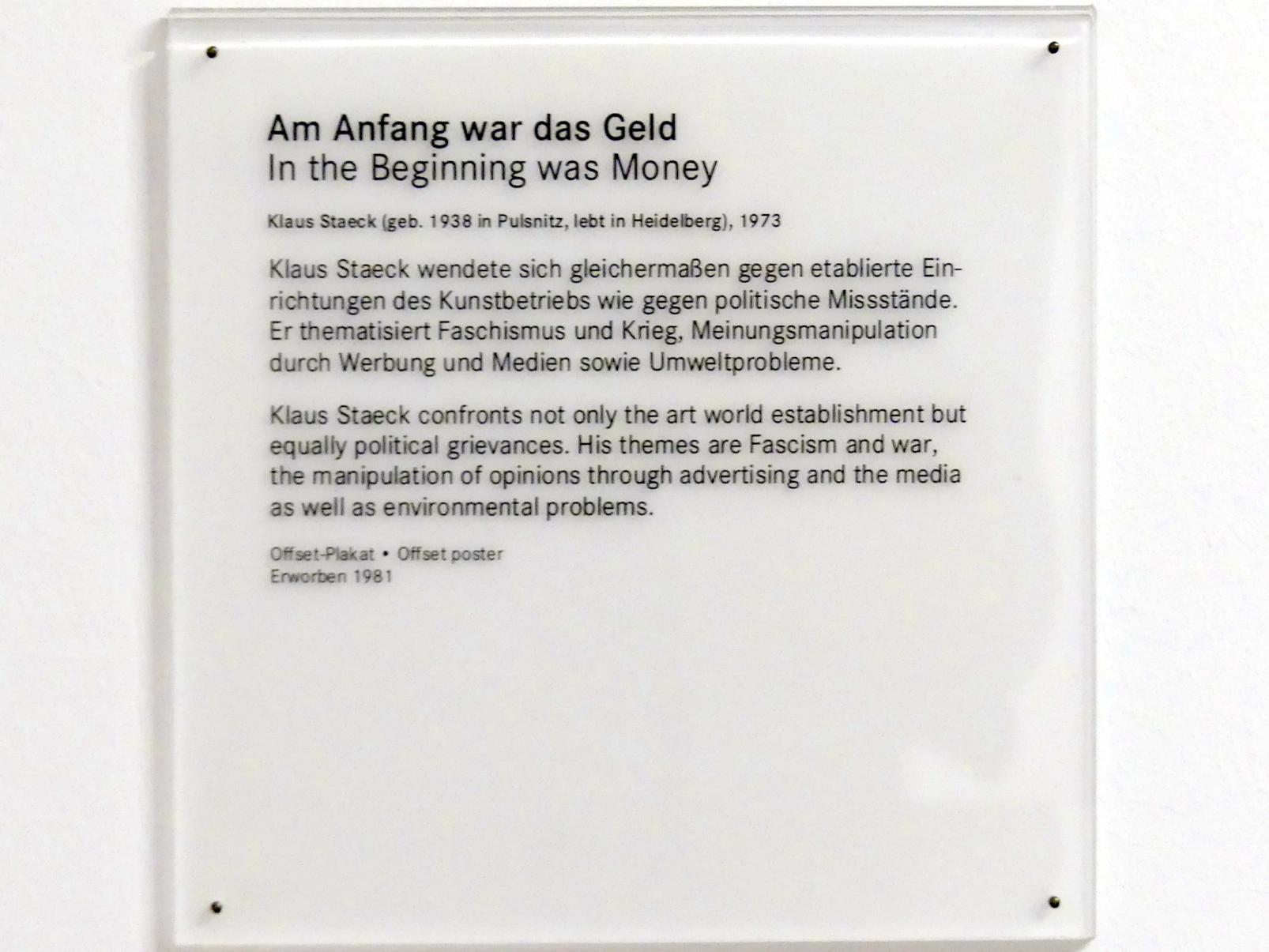 Klaus Staeck (1973–1976), Am Anfang war das Geld, Nürnberg, Germanisches Nationalmuseum, Saal 232, 1973, Bild 2/2