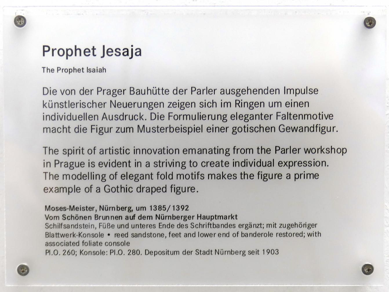 Prophet Jesaja, Nürnberg, Hauptmarkt, jetzt Nürnberg, Germanisches Nationalmuseum, Saal 30, um 1385–1392, Bild 5/5