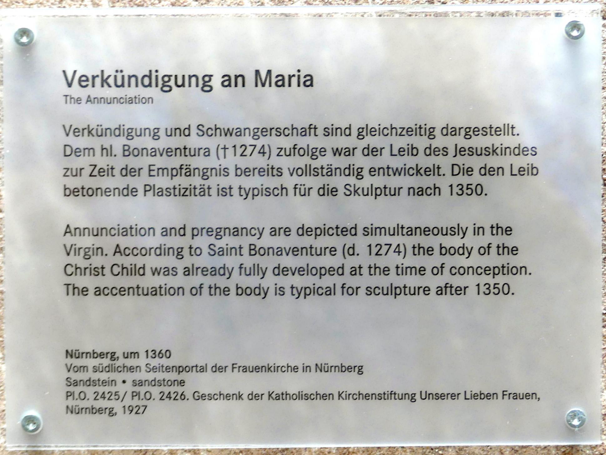 Verkündigung an Maria, Nürnberg, Stadtpfarrkirche Zu Unserer lieben Frau (Frauenkirche), jetzt Nürnberg, Germanisches Nationalmuseum, Saal 30, um 1360, Bild 6/6