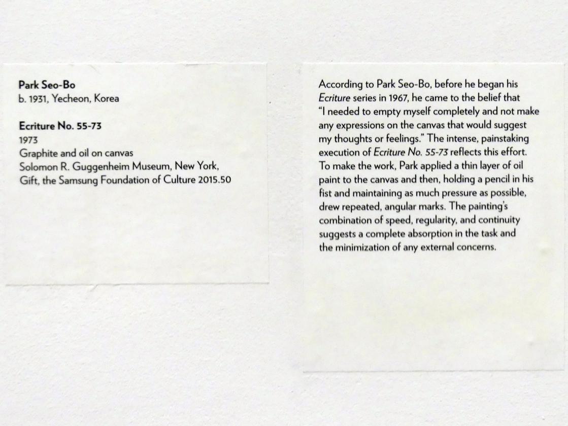 Park Seo-bo (1973), Schreiben Nr. 55-73, New York, Solomon R. Guggenheim Museum, Marking Time: Process in Minimal Abstraction, 1973, Bild 2/2