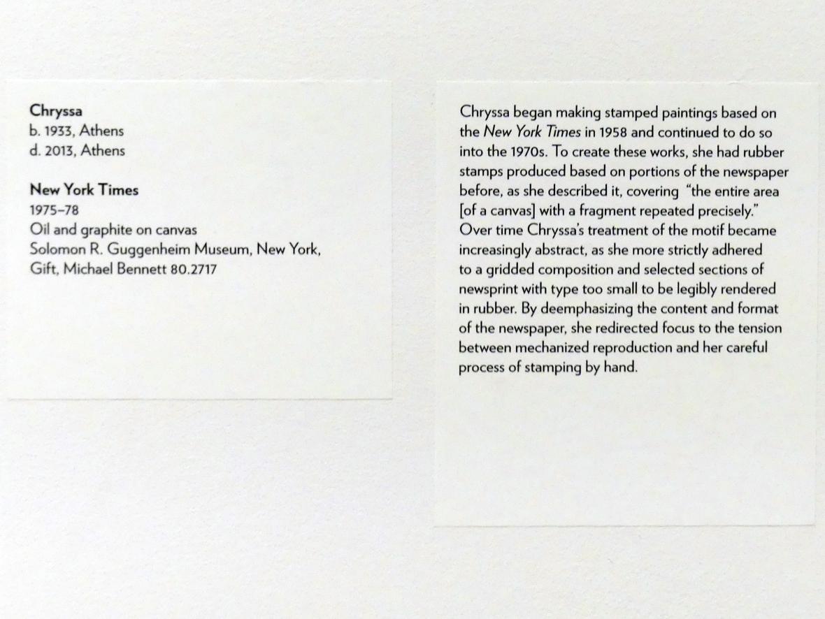 Chryssa (1967–1976), New York Times, New York, Solomon R. Guggenheim Museum, Marking Time: Process in Minimal Abstraction, 1975–1978, Bild 2/2