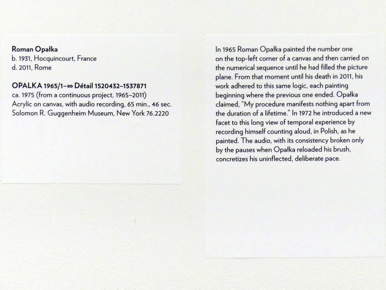 Roman Opałka (1975), OPALKA 1965/1–∞ Detail 1520432-1537871, New York, Solomon R. Guggenheim Museum, Marking Time: Process in Minimal Abstraction, um 1975, Bild 2/2