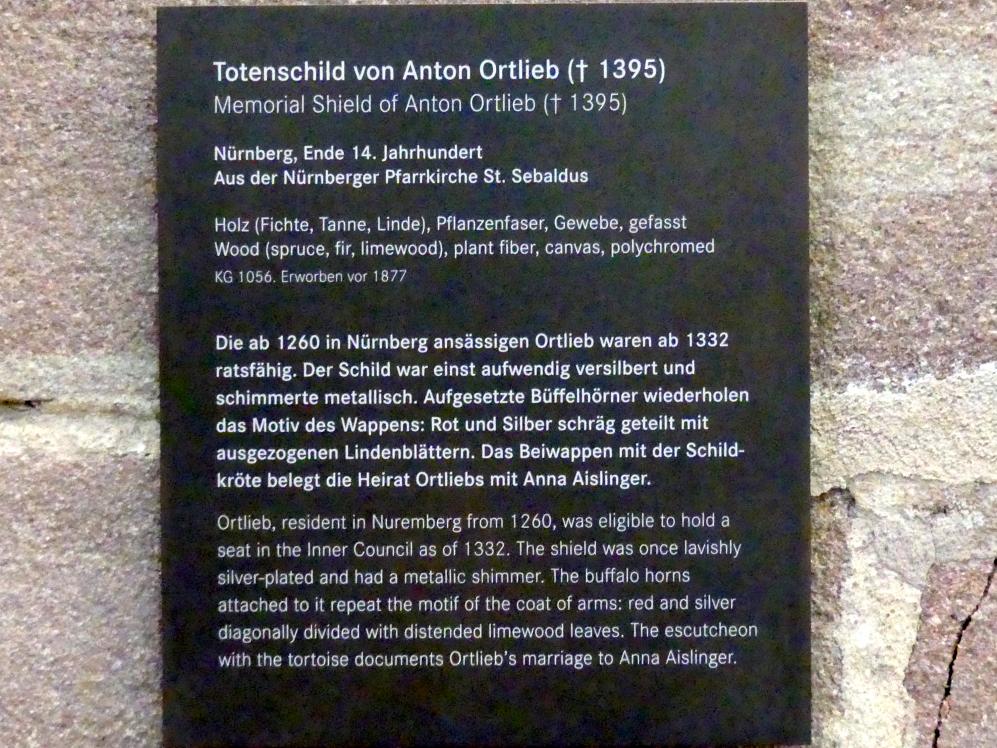 Totenschild von Anton Ortlieb (gest. 1395), Nürnberg, Kirche St. Sebald, jetzt Nürnberg, Germanisches Nationalmuseum, Saal 33, Ende 14. Jhd., Bild 2/2