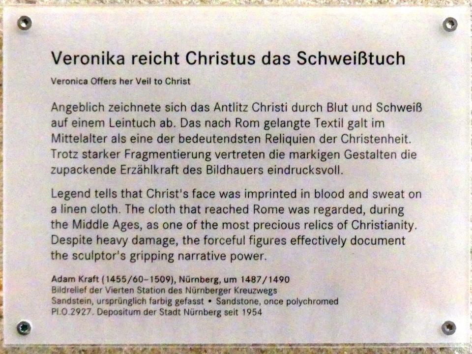 Adam Kraft (1488–1507), Veronika reicht Christus das Schweißtuch, Nürnberg, Germanisches Nationalmuseum, Saal 32, um 1487–1490, Bild 2/2